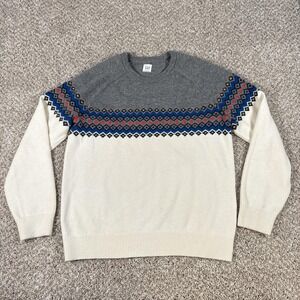 GAP Sweater Mens Large Gray Cream Wool Fair Isle Neutral Multi Crewneck Raglan